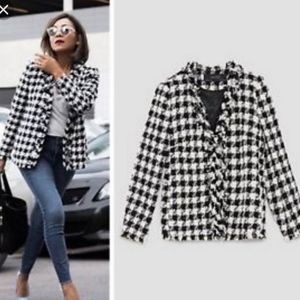 Zara Frayed Houndstooth Check Plaid Blazer Large
